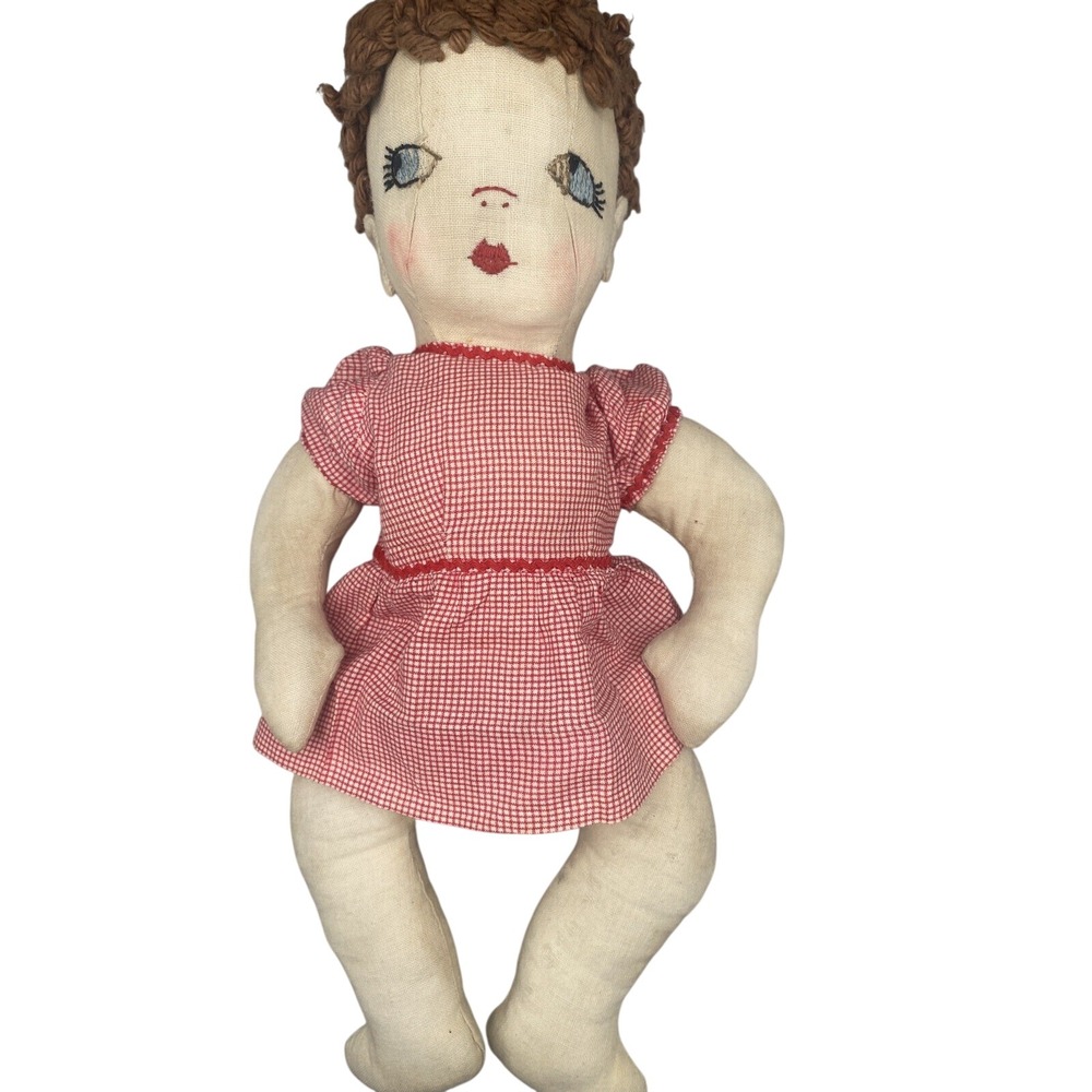 Antique Cloth Doll Early Primitive Old Textile Original Clothes Embroidered Face